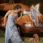 Painting of princess Cinderella standing in front of a pumpkin shaped car