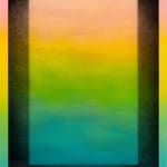 Rachel Strum - paint and resin piece, gradient square in pink, orange, yellow, green, blue and black with a gradient frame.