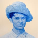 Painting of a man wearing a straw hat and a button up shirt in blue tones on a cream background