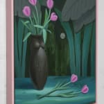 Corey Lamb painting of black vase shaped like female figure, filled with pink tulips, green foliage background (side angle)