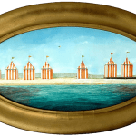 painting of a beach lined with striped tents
