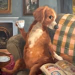 A painting of a dog sitting on a green couch holding a cup of tea and reading a book.