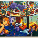 Painting of three people and a dog sitting under a table with a bunch of food on it including plates with slices of cake, fruit and a sleeping cat.