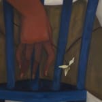 Detail of Hilda Palafox painting - chair back and hand shown holding small white flower