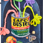 Nic Dyer mixed media painting of Cafe Bustelo container, puffy flowers inside. Moths and fruit scattered below can