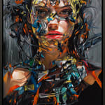 portrait of a dark haired woman over a gray background with comic book images spliced into her face and body framed