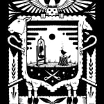 Black and white illustration of a crest like composition depicting a sheep, an eagle, a jackdaw, and various motifs like scissors, and shepherds cane by artist Jeremy Fish