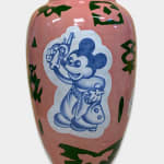 A pink ceramic pot with mickey mouse holding a gun, bugs bunny wearing cowboy outfit and a pinup girl holding her hat in her hands