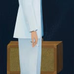 Painting of the bottom half of a man wearing a powder blue suit holding a cigarette and holding a suitcase in the other hand