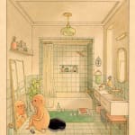 drawing of a figure seated on the floor of the bathroom in front of a mirror