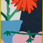 Painting of a red flower in a blue pot with large pink fruits on the table next to it.