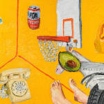 A painting of a polaroid of a collage of things including a telephone, a dog, a basketball hoop, a boot, candles, scissors, a knife, wheels, Vans shoe, a beer bottle and shopping baskets by Emilio Villalba. .