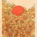 drawing of orange fish swarmed around a red orb