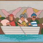 Painting of three figures in a row boat on the water with pink, gray and yellow mountains in the background. One of the figures looks like a dog with long ears and a blue circle nose with a red hat and shirt on sitting in the front of the boat, the figure in the middle is a girl with gray hair in a ponytail and a yellow polo shirt on holding the sterns, the figure in the back of the boat has a skeleton face and a blue beanie and a stripped blue and white shirt on.