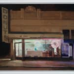 Kim Cogan - painting of donut shop from street view at night, cold tone light in the shop shine through the glass wall of the store