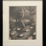 Drawing of a woman dipping her toe into a river with floating faces by Miles Johnston