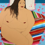 Painting of naked woman resting on a blanket and pillow.