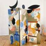 wooden room divider painted with a collage of simple faces, vases, plants and abstract shapes in muted earth tones a deep blue