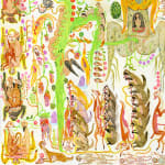 Detail shot of Mu Pan painting of animals and human hybrid creatures eating, fighting, sleeping, etc