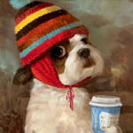 dog holding a coffee cup wearing a multicolor striped beanie