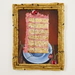 N Dyer painting of a tall slice of pink cake in a gold frame, ants crawl from the cack to the outside of the frame
