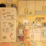drawing of a figure sitting and eating on a kitchen floor