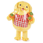 Katie Kimmel's ceramic sculpture of a dog holding fruit in a red checkered apron