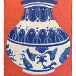 a painting of a blue and white vase with an orange background