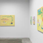 Install photo of Danym Kwon's "A Soft Day." From left to right, "A Cozy Afternoon With Fredrick," "When We Look Towards the Same Direction," "Encouragement," "Everything Grows in Sunshine."