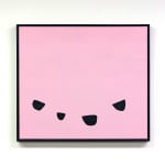 Stuart Pittman's painting if four black shapes on a pink background