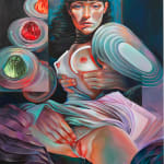 Painting of a woman's breast being held and a third hand holding her genitals. There are jello in the background