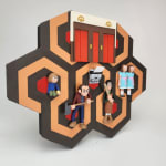 Sculpture inspired by the shining featuring a hexagonal pattern background with red elevators and characters from the movie