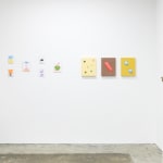 Install image of "Cosmic Bloom." From left to right, CHIAOZZA's collages, "Six Green Dots in Pale Peach," "Fluorescent Red Mound in Ash Rose," "Two Cool Spheres in Mustard," "Apple Elbow in Olive & Luminous Red."