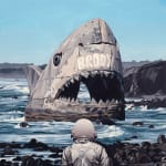 Painting by artist Scott Listfield depicting an astronaut in a white suit facing a large monument of a Megalodon submerged in the ocean.