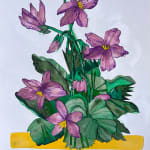 collage of purple flowers and green leaves on a white background
