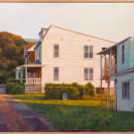 Painting of two old white houses on of a dirt road with grass and bushes in the front yard. On one of the porches, a man is cutting another mans hair.