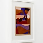 Abstract painting of a woman in brown, pink, purple and white