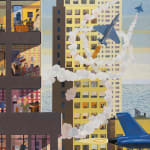 painting of jets planes flying around an apartment building