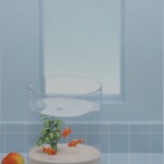 painting of a fishbowl with three goldfish on a counter with a pear in a light blue room