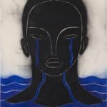 Hilda Palafox diptych of face of black hair and black faced woman crying blue tears into blue body of water / second piece is of two hands extending down into body of water,
