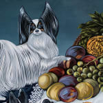 Tablescape painting of two black and white dogs on a table full of decadent food, including a basket of fruit with a grasshopper on it, a giant bouquet of flowers, a bowls of strawberries that has been know knocked over, a plate of giant shrimp, a bowl of whole fish and a white frosted cake that one of the dogs has walked into and gotten frosting all over the table.
