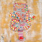 A painting by ferris Plock of a character with a boombox as his head. There is a major use of bright vivid patterns and colors.