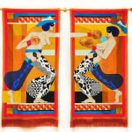 Two tapestries with paintings of two topless woman wearing colorful patterned pants, cowboy hats, eye masks and boxing gloves. One is taking a swing at the others faces.