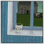 Painting in a black frame of a potted plant on a windowsill looking out to a tractor and barn
