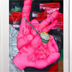 framed David Heo collage of red hands holding a bottle cap