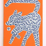 Painting of an outline of a dog chasing a ball in white with dark blue lines on an orange background