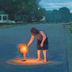 Painting of a person in the middle of a street lighting a firework