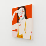 Painting of woman eating a lollipop on a red background and covering her face with her hand by Jillian Evelyn
