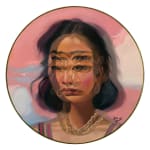painting of a woman with blurred eyes on a circular canvas by Alex Garant