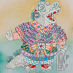 A painting by ferris Plock of a reptile-like character with detailed colorful clothing on holding a skateboard.. There is a major use of bright vivid patterns and colors.